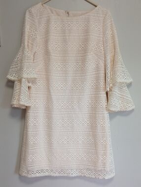 Eliza J Cream Lace Shift Dress with Tiered Bell Sleeves